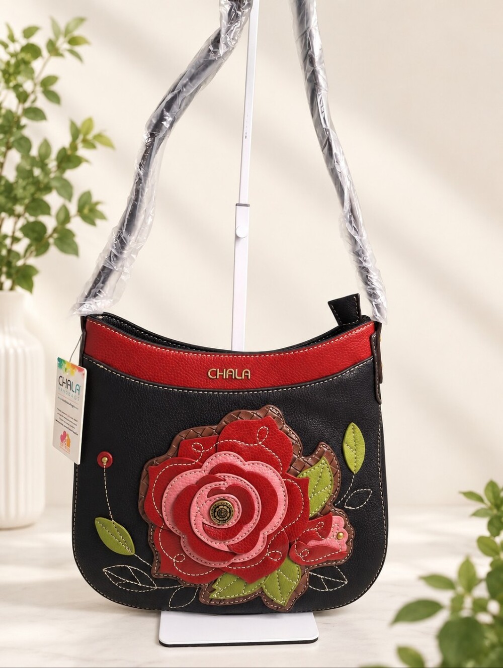 Chala Crescent Red Rose Floral Applique Crossbody Bag NWT